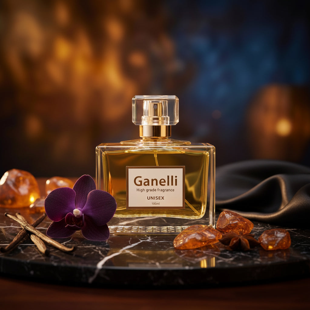 Ganelli perfume bottle with purple flower and amber stones on a dark surface