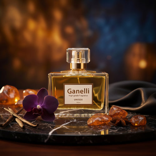 Ganelli perfume bottle with purple flower and amber stones on a dark surface