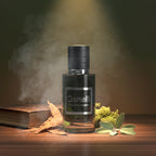 Ganelli No.9 for Him – Classic masculine Eau de Parfum bottle with black cap on wood, surrounded by leaves.