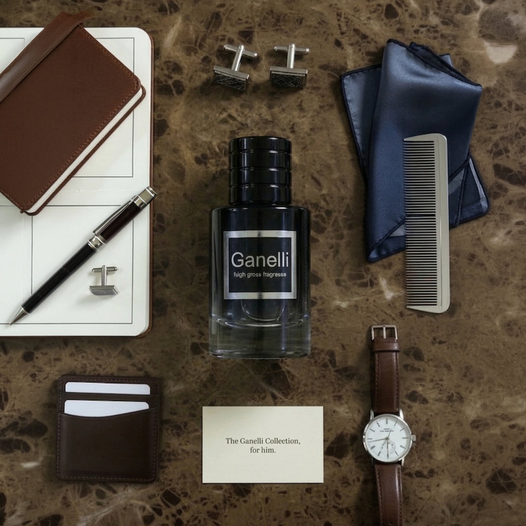 Ganelli No. 6 for Him Aquatic Ocean Eau de Parfum bottle with black cap, surrounded by men's accessories.