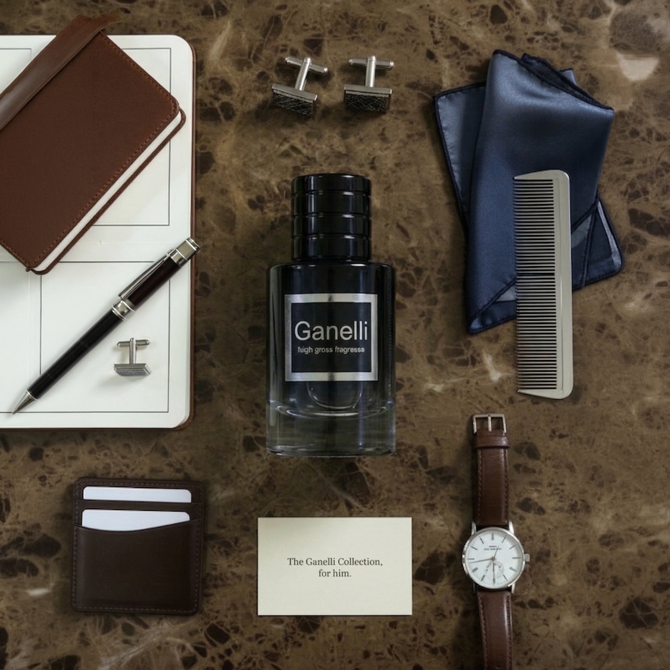 Ganelli No. 6 for Him Aquatic Ocean Eau de Parfum bottle with black cap, surrounded by men's accessories.