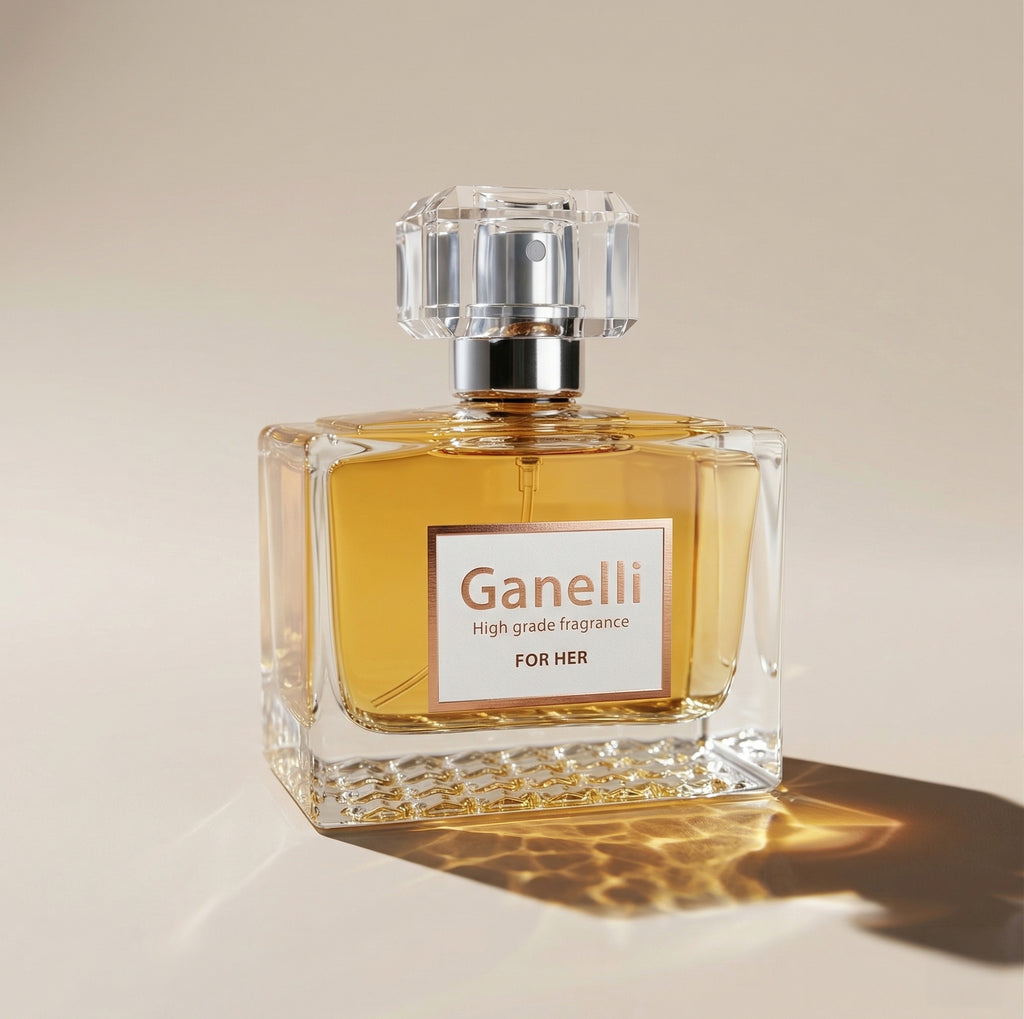 Ganelli No. 9 for Her perfume bottle; clear square glass with amber liquid and crystal cap