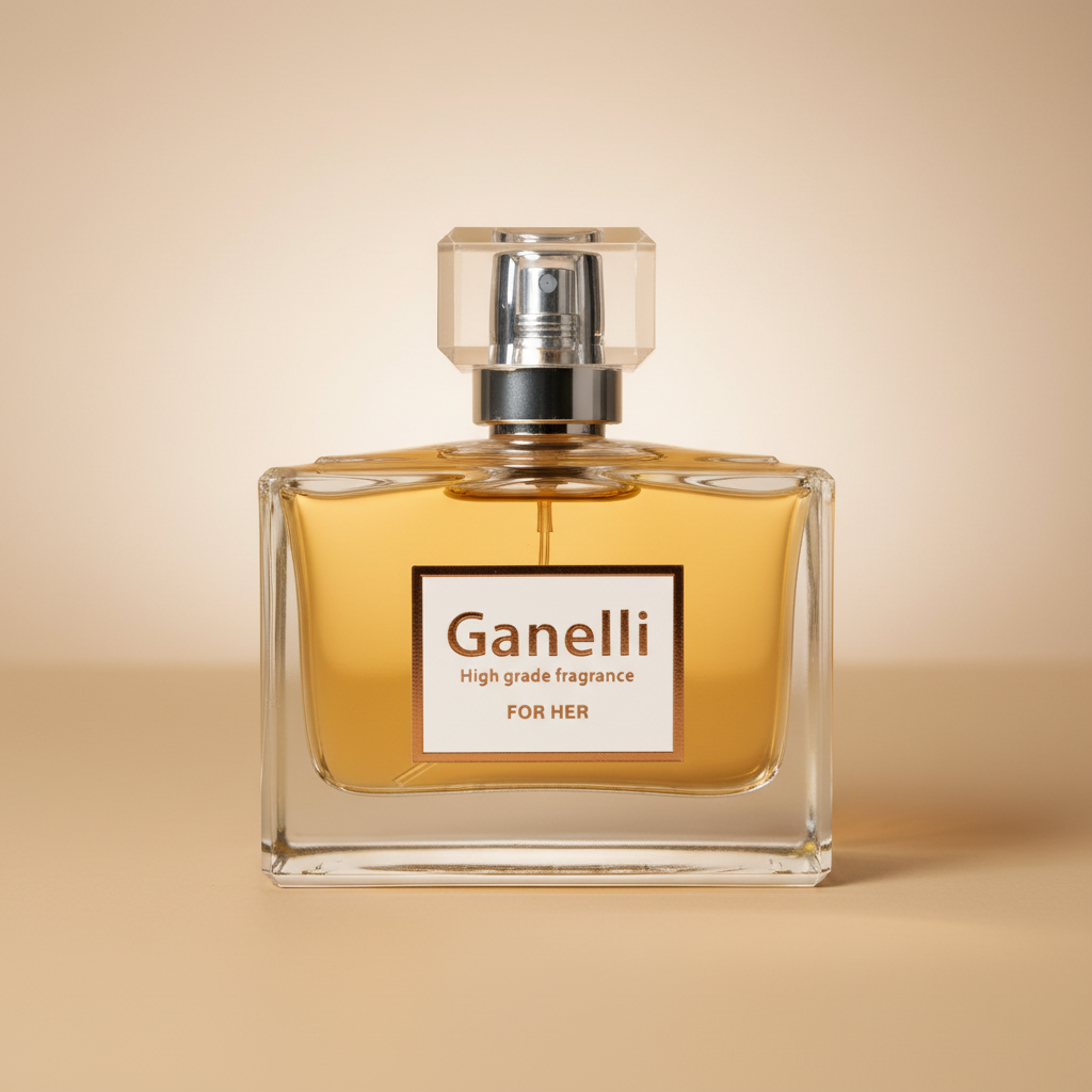 Perfume Ganelli No. 2 for Her, amber eau de parfum in a clear square bottle with crystal cap