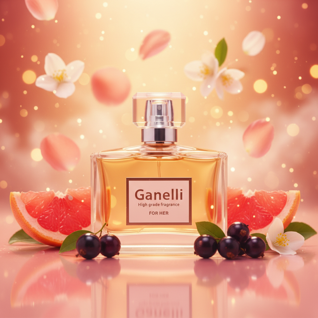 Ganelli No. 1 for Her perfume bottle with grapefruit slices, blackcurrants and white blossoms.