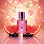 Ganelli No. 1 for Her eau de parfum bottle in pink glass with purple cap, grapefruit slices and berries