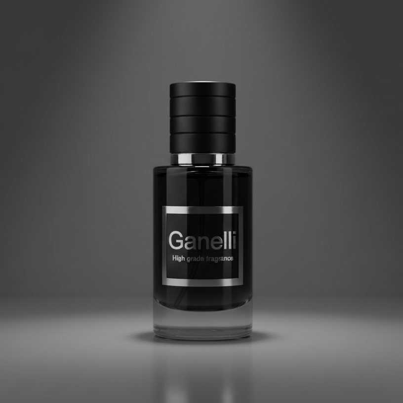Ganelli No. 1 for Him perfume bottle; citrus woody EDP in black glass with silver label