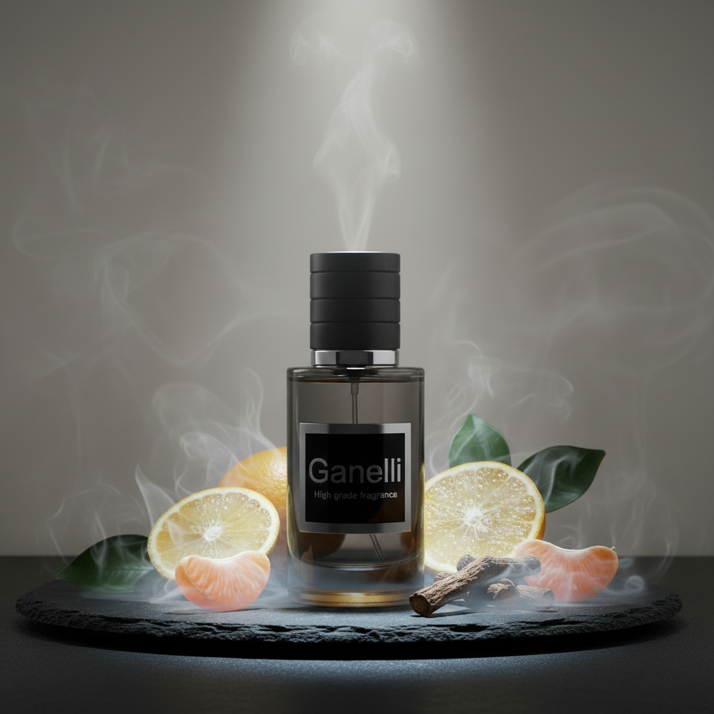 Ganelli perfume bottle, dark glass with a black cap, citrus woody EDP, surrounded by lemon and orange halves.