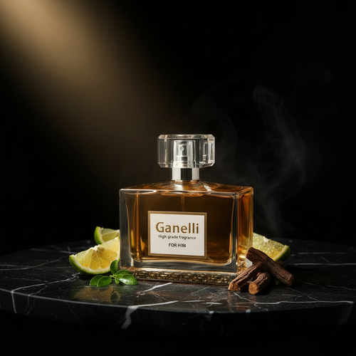 Ganelli No. 1 for Him perfume bottle with amber liquid on marble stand, lime wedges and cinnamon sticks