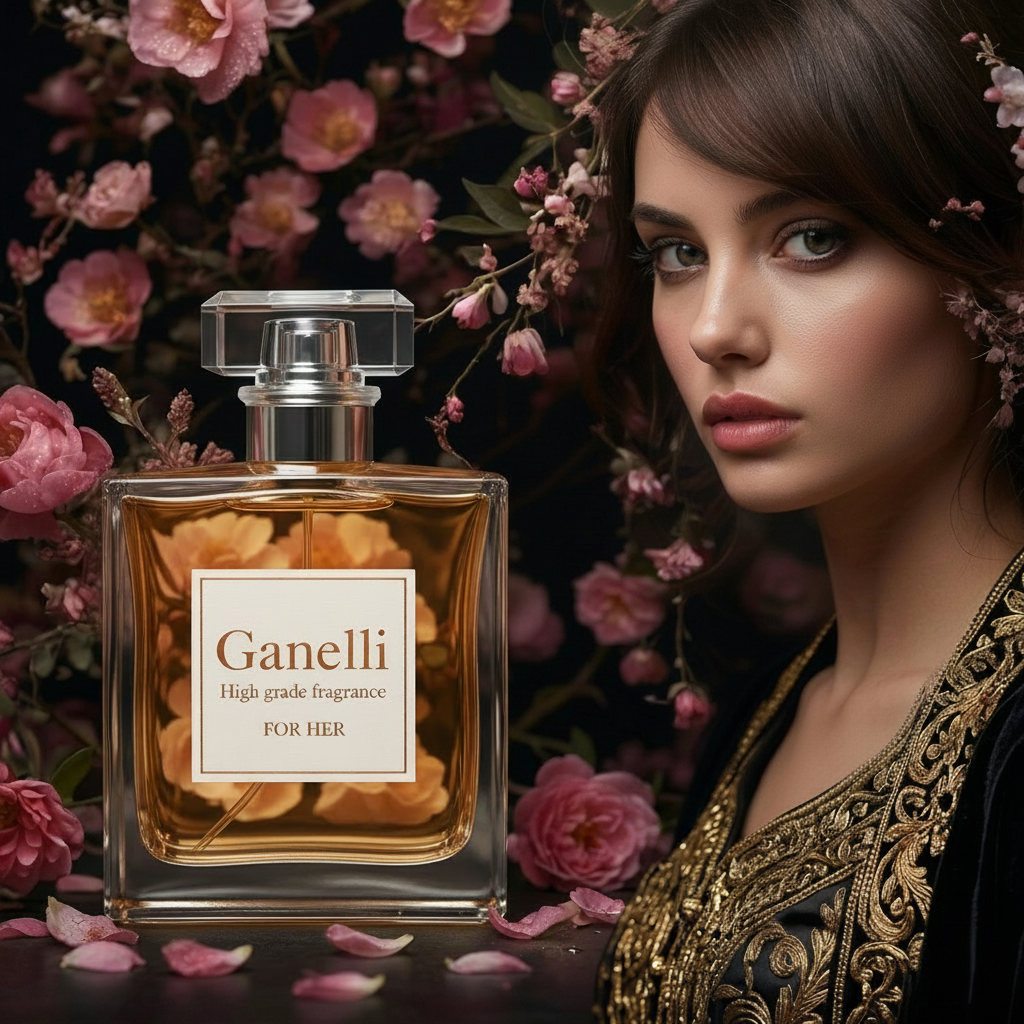 Ganelli No. 10 for Her Perfume bottle with amber liquid and crystal cap amid pink flowers