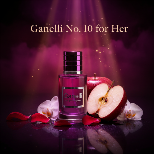 Ganelli No. 10 for Her perfume bottle, purple glass with pink liquid, surrounded by apples and white orchids