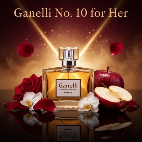 Ganelli No. 10 for Her perfume bottle with amber liquid and gold label; elegant fruity floral eau de parfum