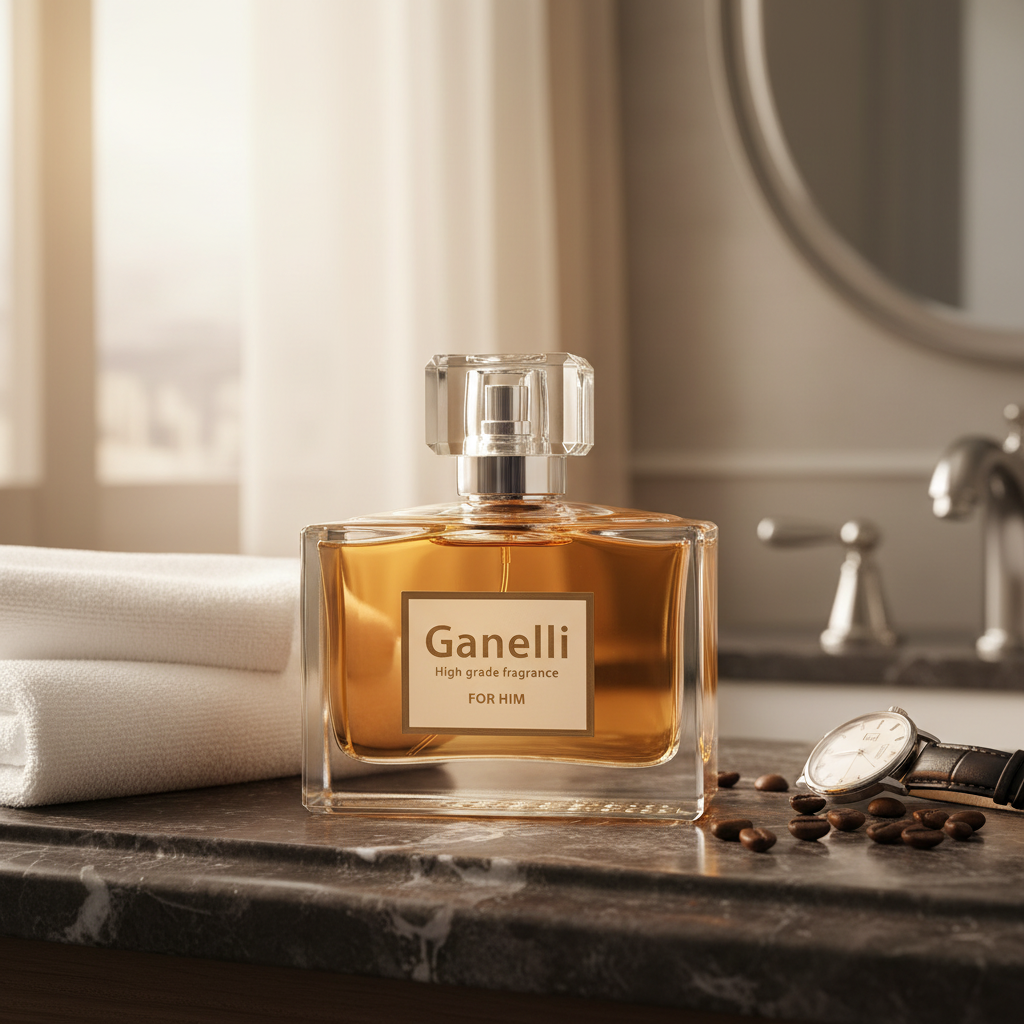 Ganelli No.11 for Him Eau de Parfum bottle with amber perfume on a marble counter beside a watch and coffee beans