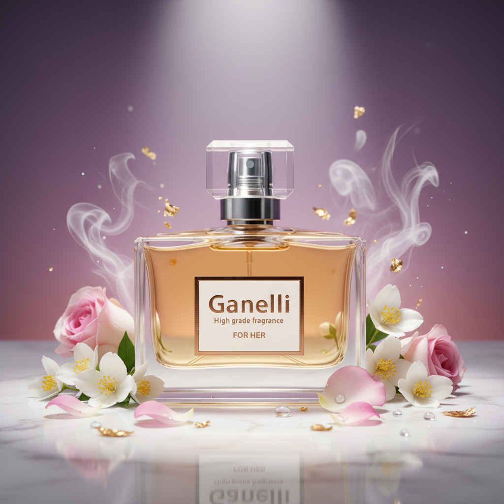 Ganelli No.11 for Her perfume bottle, clear glass with amber liquid, floral backdrop
