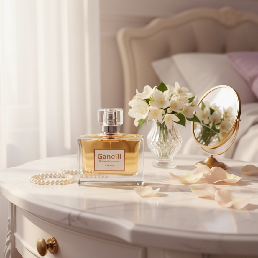 Ganelli No.11 for Her perfume bottle with amber liquid on a white marble vanity, pearl bracelet, flowers and mirror