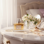 Ganelli No.11 for Her perfume bottle with amber liquid on a white marble vanity, pearl bracelet, flowers and mirror