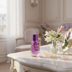 Ganelli No.11 for Her perfume bottle, purple glass with silver cap on a marble vanity.