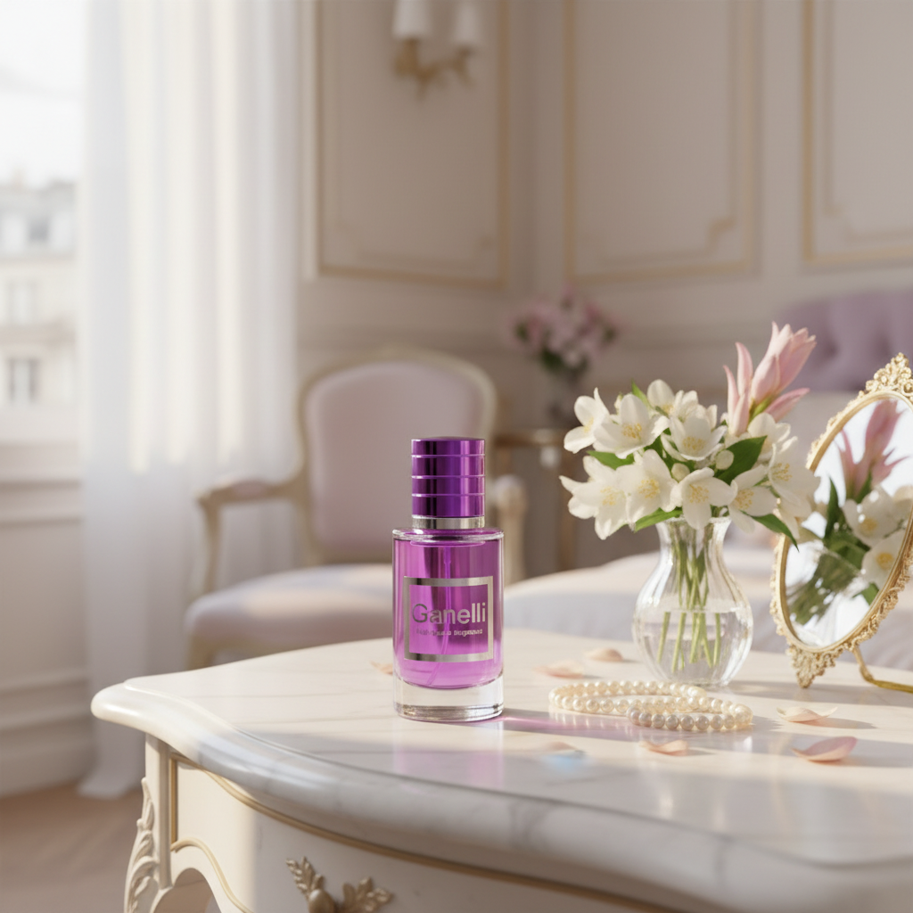 Ganelli No.11 for Her perfume bottle, purple glass with silver cap on a marble vanity.