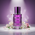 Ganelli No.11 for Her Eau de Parfum bottle in purple glass with silver label, surrounded by flowers.