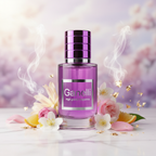 Ganelli No.11 for Her perfume bottle in purple glass with a silver label, surrounded by flowers.