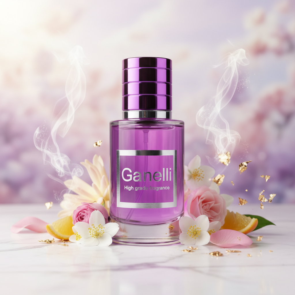 Ganelli No.11 for Her perfume bottle in purple glass with a silver label, surrounded by flowers.