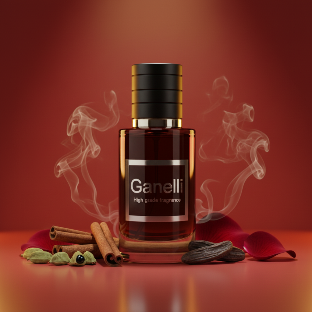 Ganelli No.11 for Him – Bold Spicy Oriental Eau de Parfum; amber glass bottle with black cap, surrounded by cinnamon sticks and cardamom pods