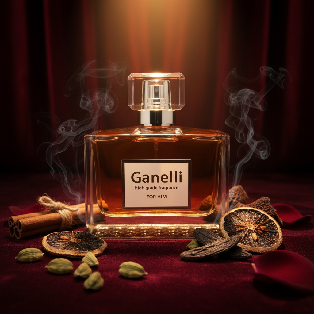 Ganelli No.11 for Him Bold Spicy Oriental EDP bottle in amber glass with crystal cap