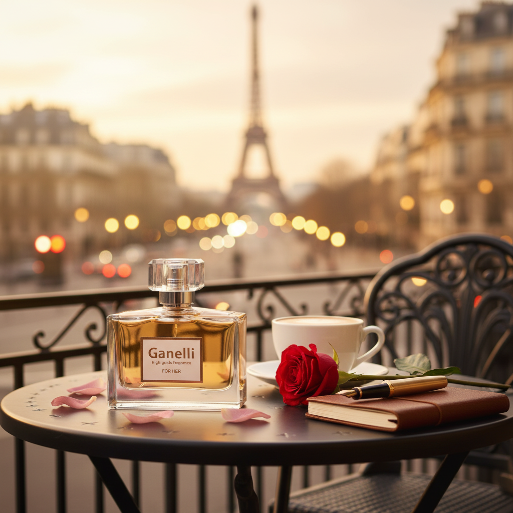 Ganelli No.12 for Her Eau de Parfum bottle with amber liquid on a Paris table with rose, notebook, and cup.