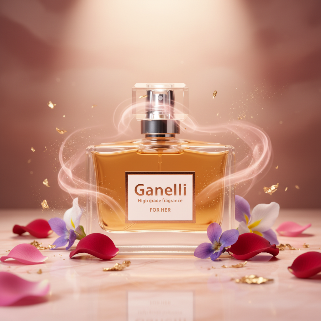 Ganelli No.12 for Her perfume bottle with amber liquid and pink petals