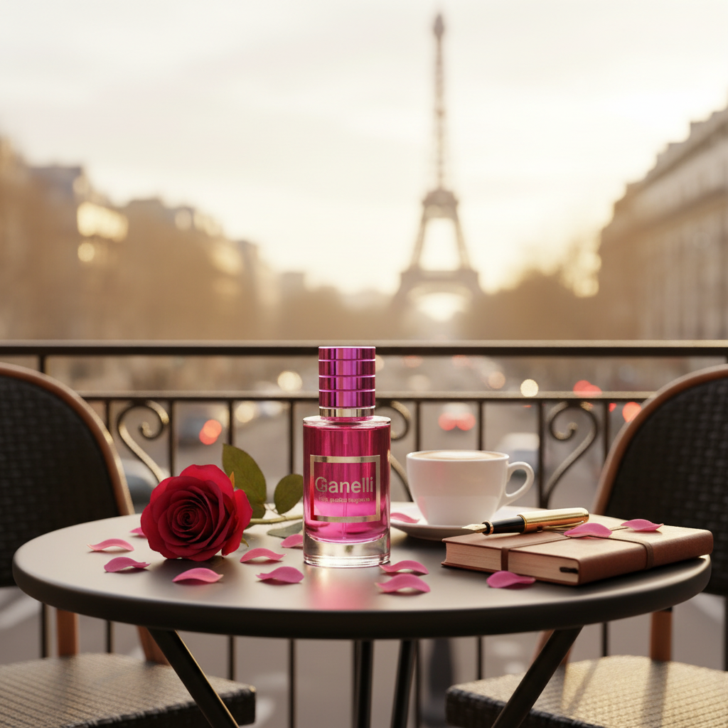 Ganelli No.12 for Her perfume bottle on a balcony table with pink rose petals, Paris skyline Eau de Parfum