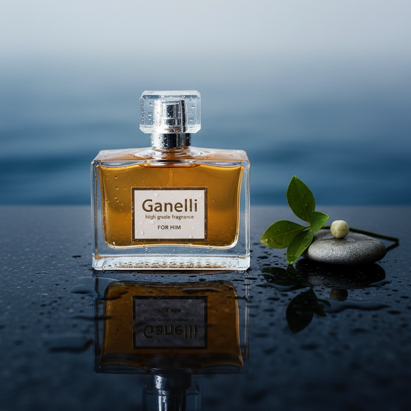 Ganelli No.12 for Him Eau de Parfum bottle; amber liquid in a square clear glass with crystal cap