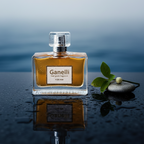 Ganelli No.12 for Him Eau de Parfum bottle; amber liquid in a square clear glass with crystal cap