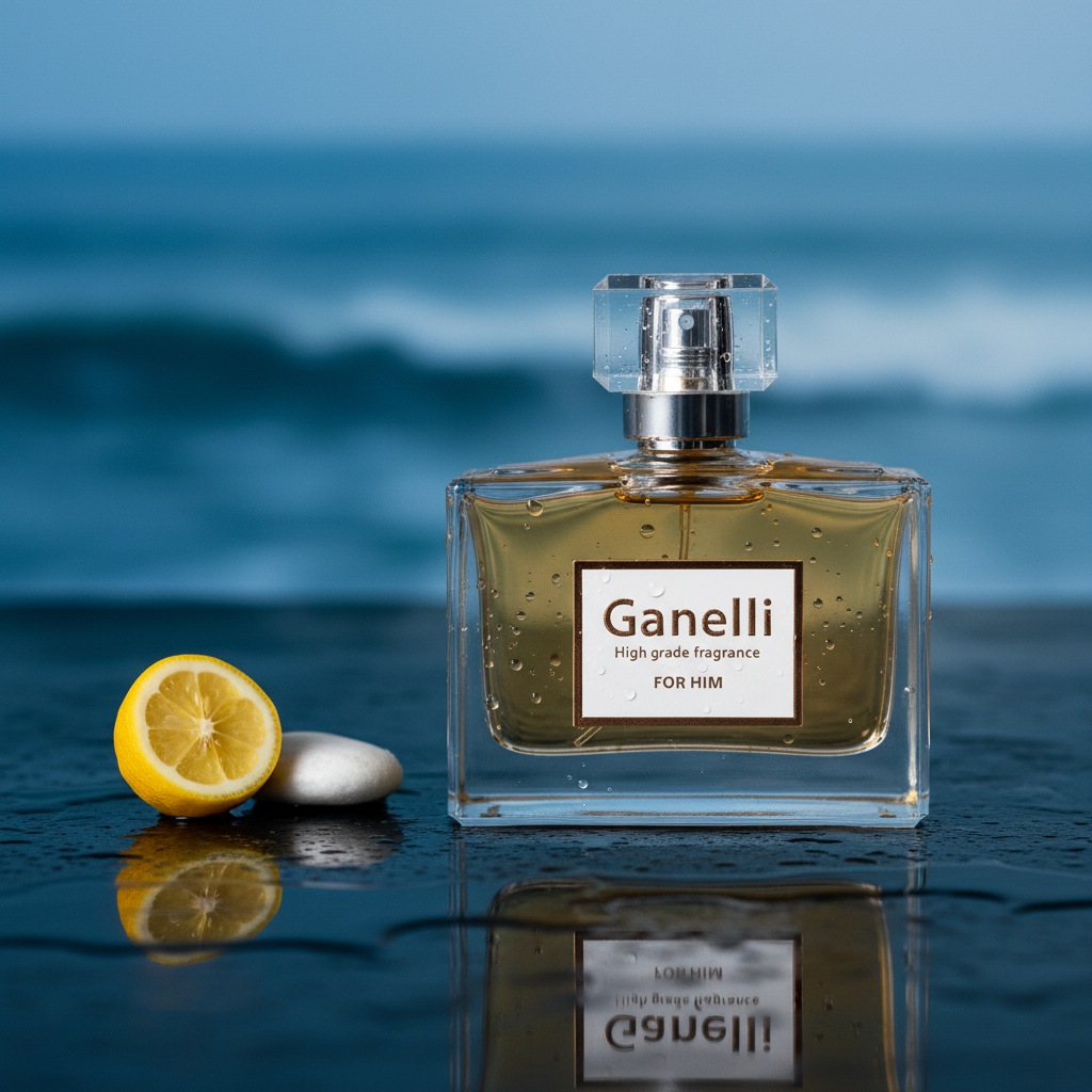 Ganelli No.12 for Him Eau de Parfum bottle in clear glass with amber hue, lemon slice and pebble by water