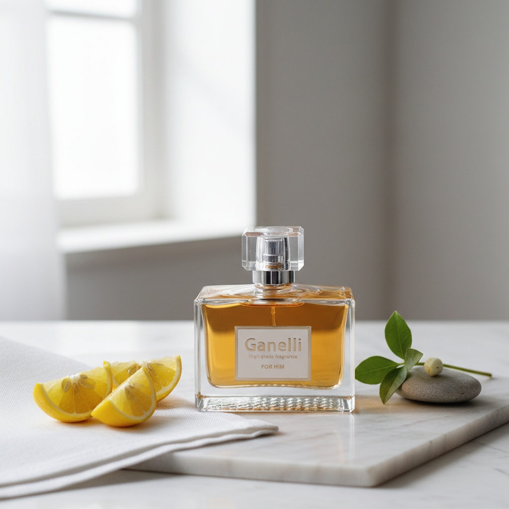 Ganelli No.12 for Him Eau de Parfum bottle with amber liquid on marble surface, three lemon wedges beside.