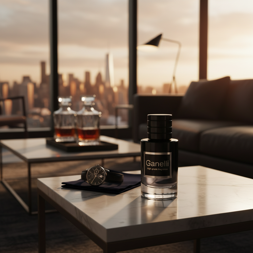Ganelli No.13 for Him Eau de Parfum bottle with black label on a marble coffee table