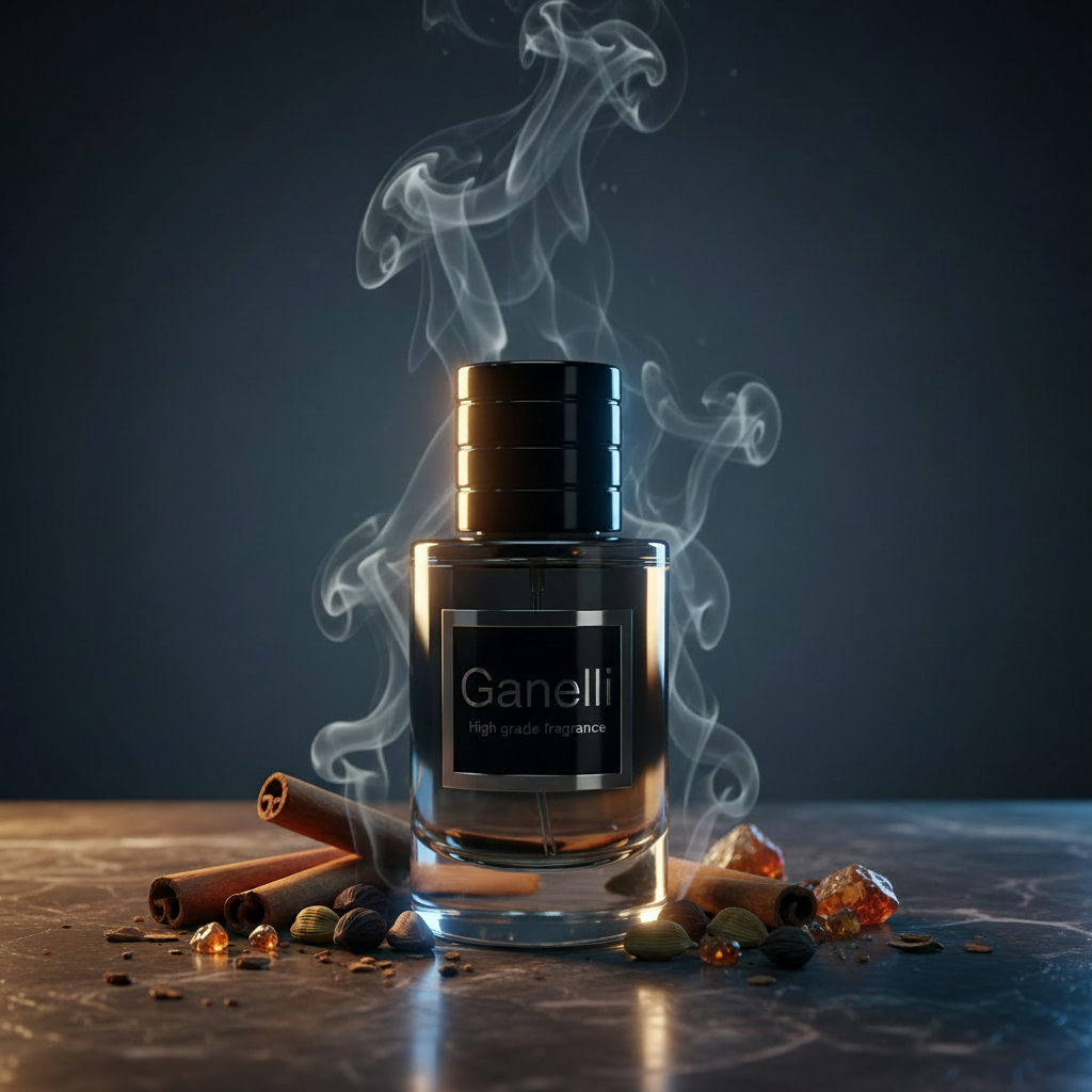 Ganelli No.13 for Him perfume bottle with dark liquid and black label, surrounded by cinnamon sticks.