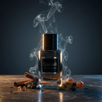 Ganelli No.13 for Him perfume bottle with dark liquid and black label, surrounded by cinnamon sticks.