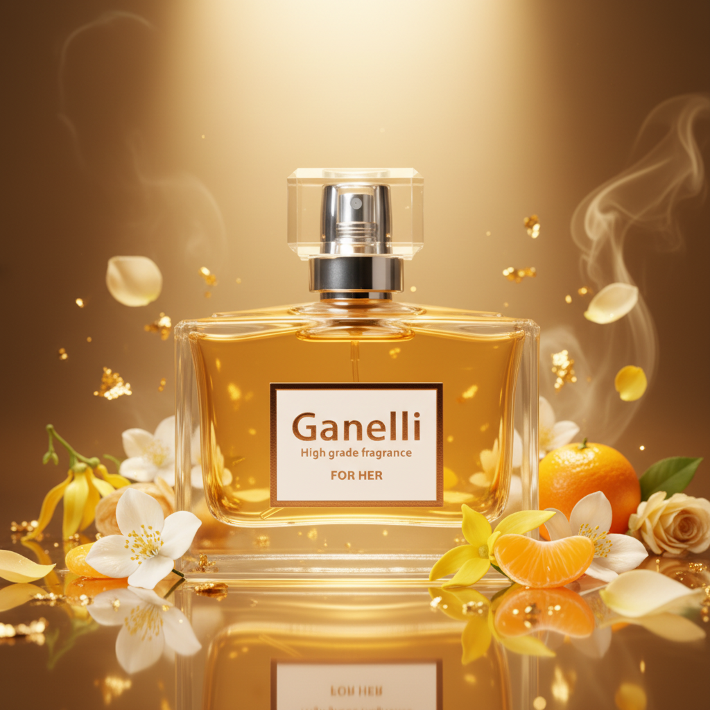 Ganelli No.13 for Her eau de parfum bottle with amber liquid and floral accents