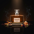 Ganelli No.13 for Him EDP bottle with amber liquid, surrounded by spices on a reflective black surface
