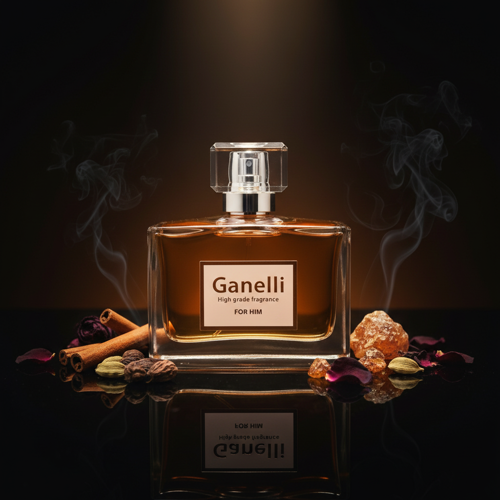 Ganelli No.13 for Him EDP bottle with amber liquid, surrounded by spices on a reflective black surface