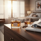 Ganelli No.13 for Him eau de parfum bottle with amber liquid on a wooden dresser
