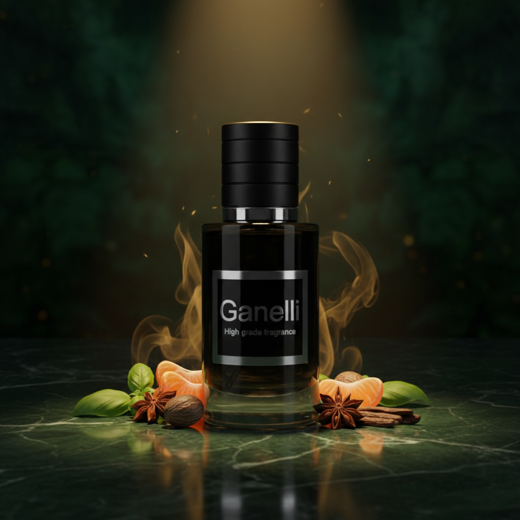 Ganelli No.14 for Him eau de parfum; dark glass bottle with black cap surrounded by spice accents