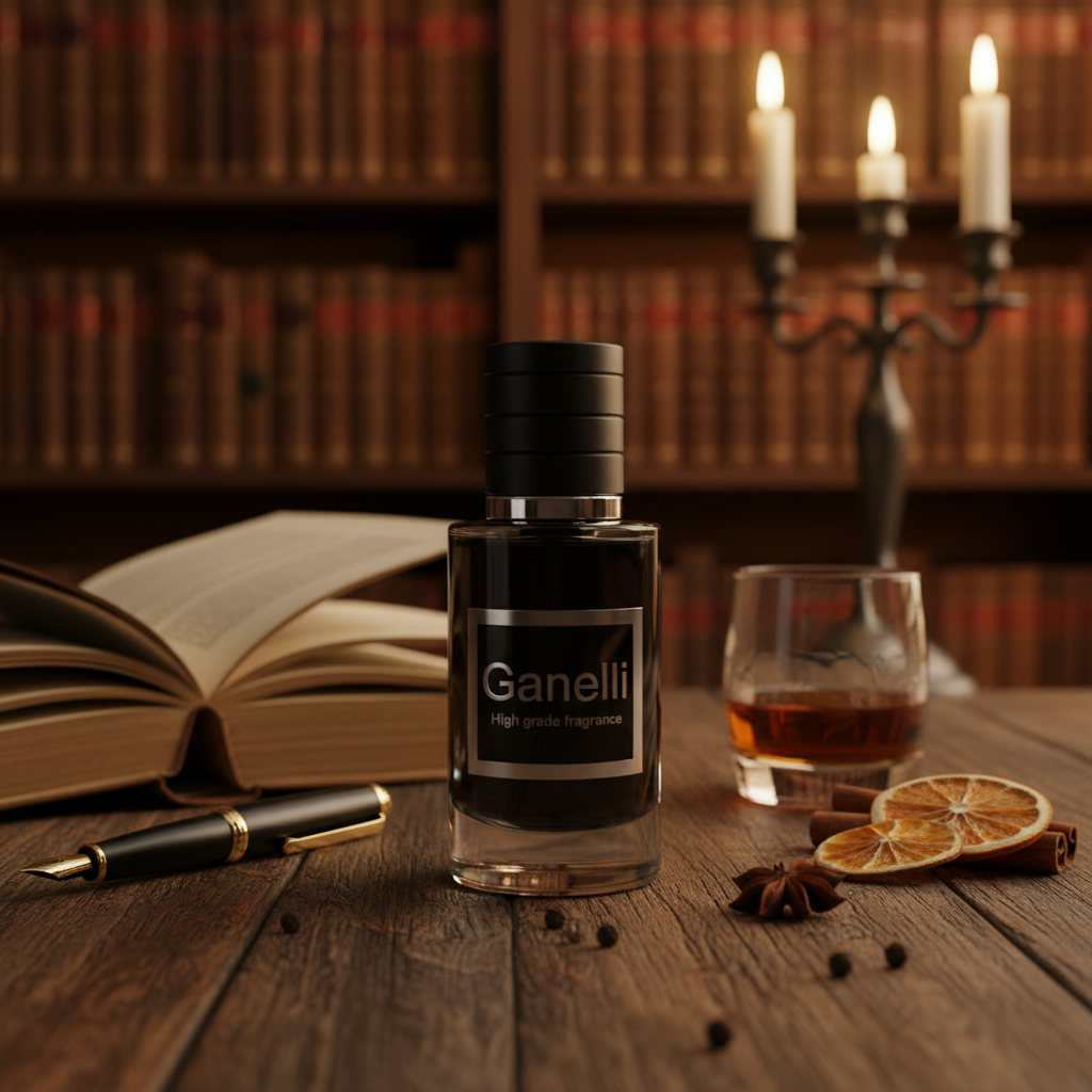 Ganelli No.14 for Him perfume bottle, dark glass with black cap, brand Ganelli