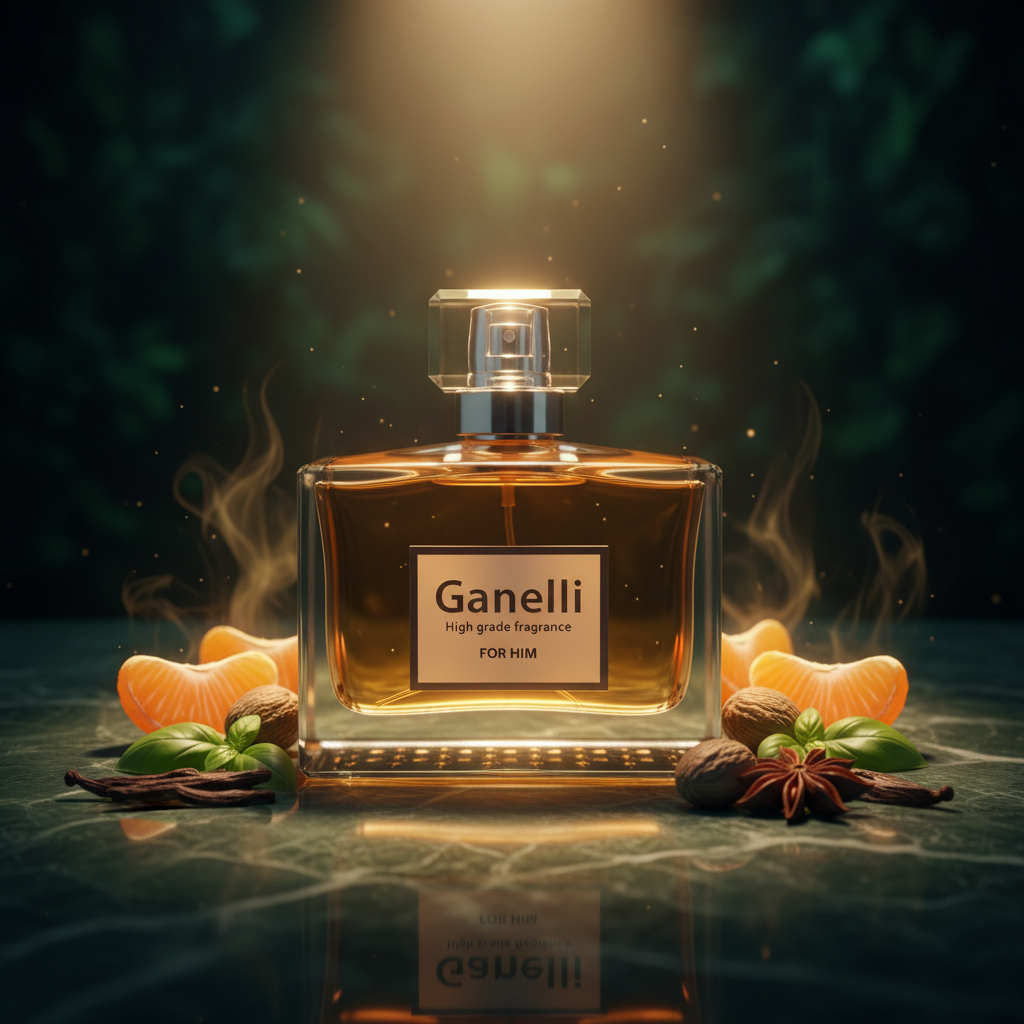 Ganelli No.14 for Him Eau de Parfum bottle with amber liquid, surrounded by orange slices and spices.