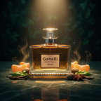 Ganelli No.14 for Him Eau de Parfum bottle with amber liquid, surrounded by orange slices and spices.