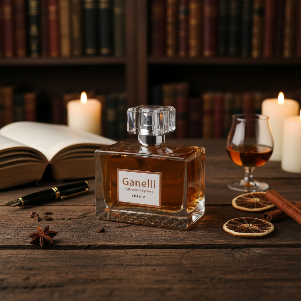 Ganelli No.14 for Him perfume bottle with amber liquid in a clear square glass bottle