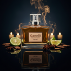 Ganelli No.15 for Him perfume bottle with amber liquid and lime wedges on a reflective surface.