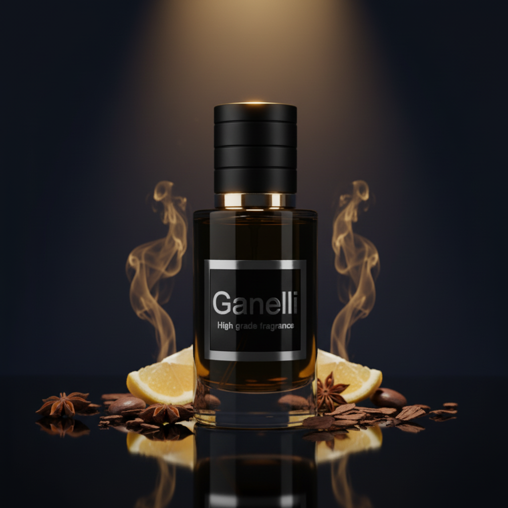 Ganelli No.15 for Him perfume bottle in amber glass with black cap, surrounded by lemon and star anise on a glossy surface