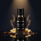 Ganelli No.15 for Him perfume bottle in amber glass with black cap, surrounded by lemon and star anise on a glossy surface