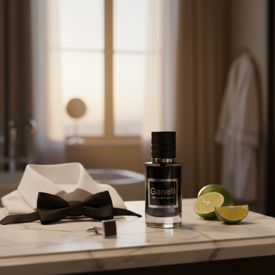Ganelli No.15 for Him eau de parfum bottle with black cap on marble counter, lime halves