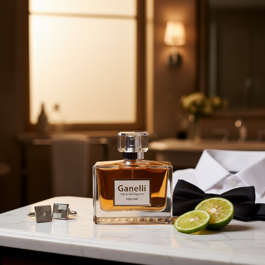 Ganelli No.15 for Him perfume bottle on marble surface with two lime halves, bow tie, and cufflinks.